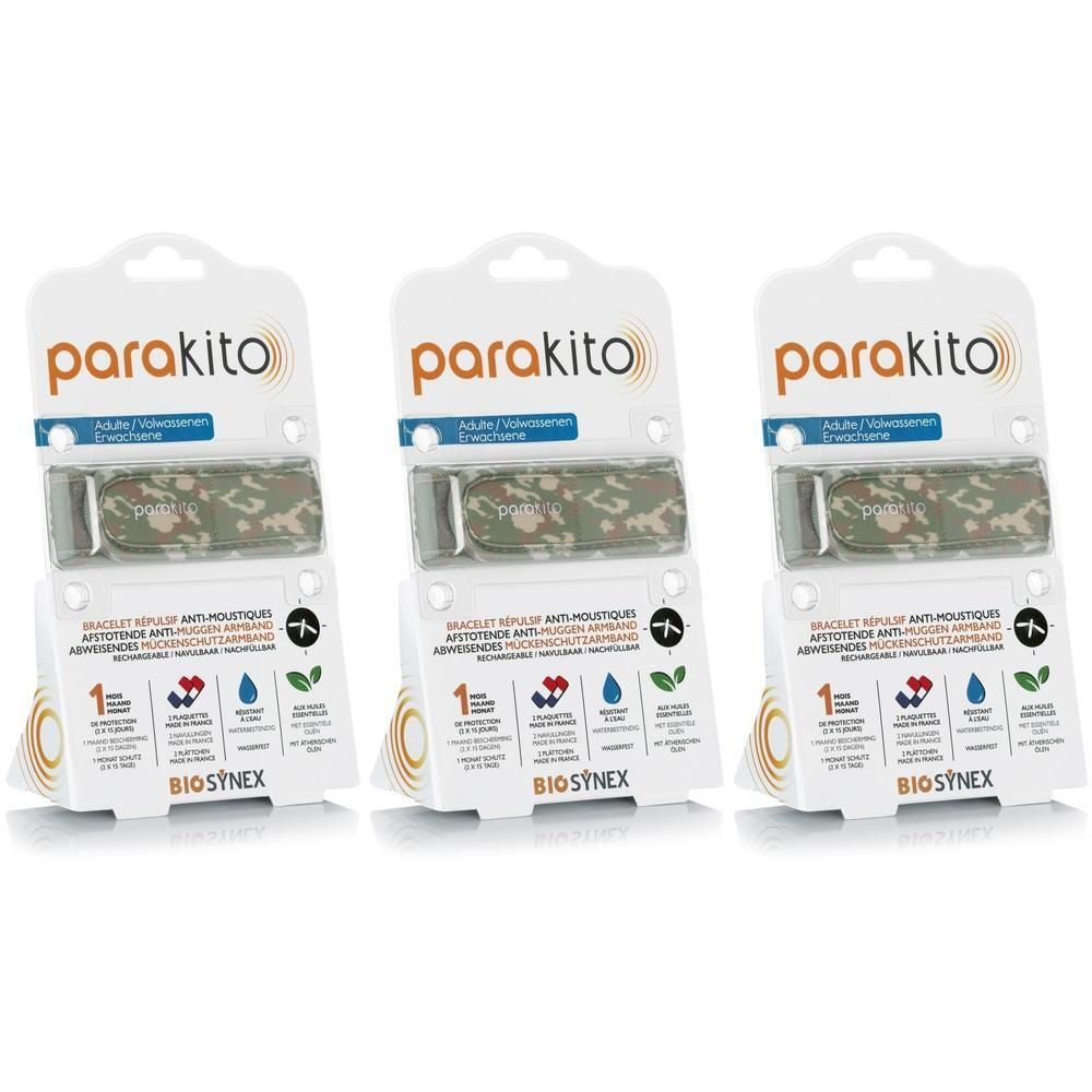 Bracelet Parakito motif camouflage, vendu par 3 en emballage.