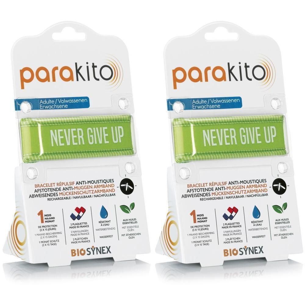 Parakito armband, groen, met opschrift "Never Give Up". Oplaadbaar.