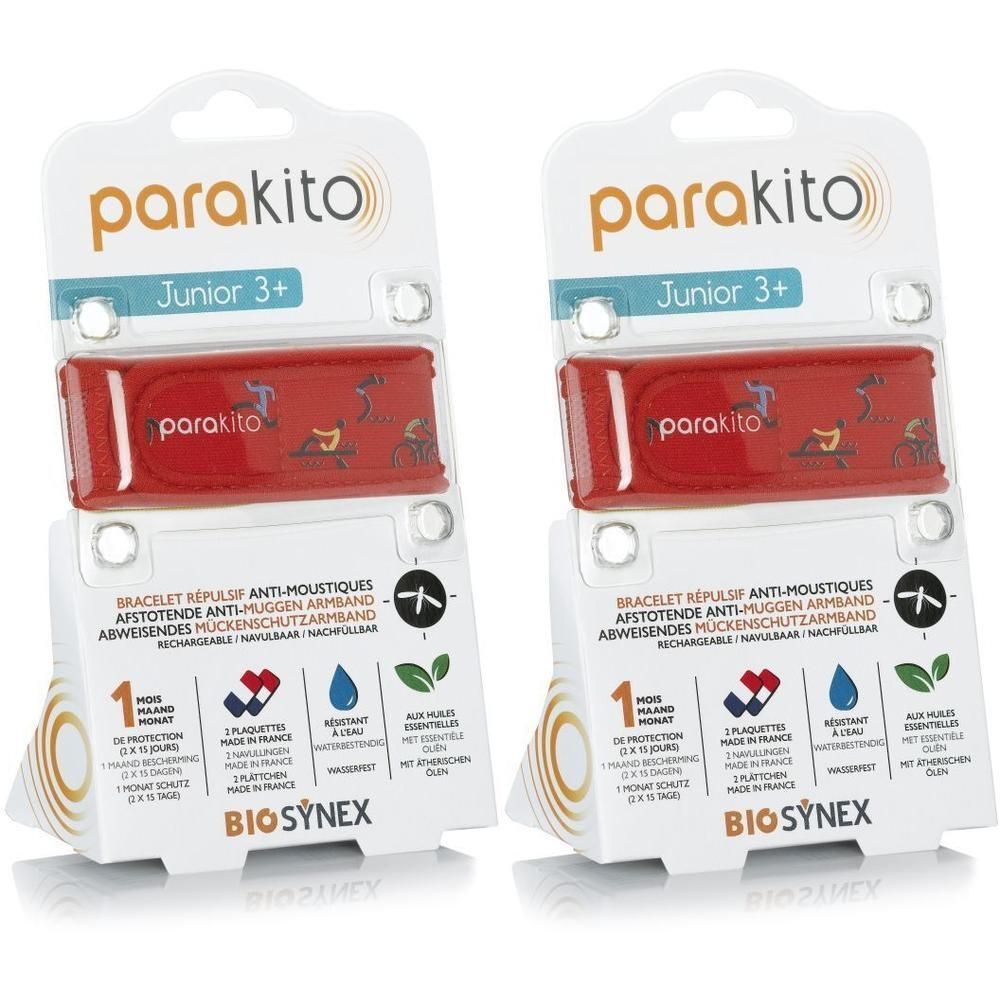 Deux bracelets anti-moustiques Parakito Junior 3+ rouges avec motifs d'animaux, emballés.