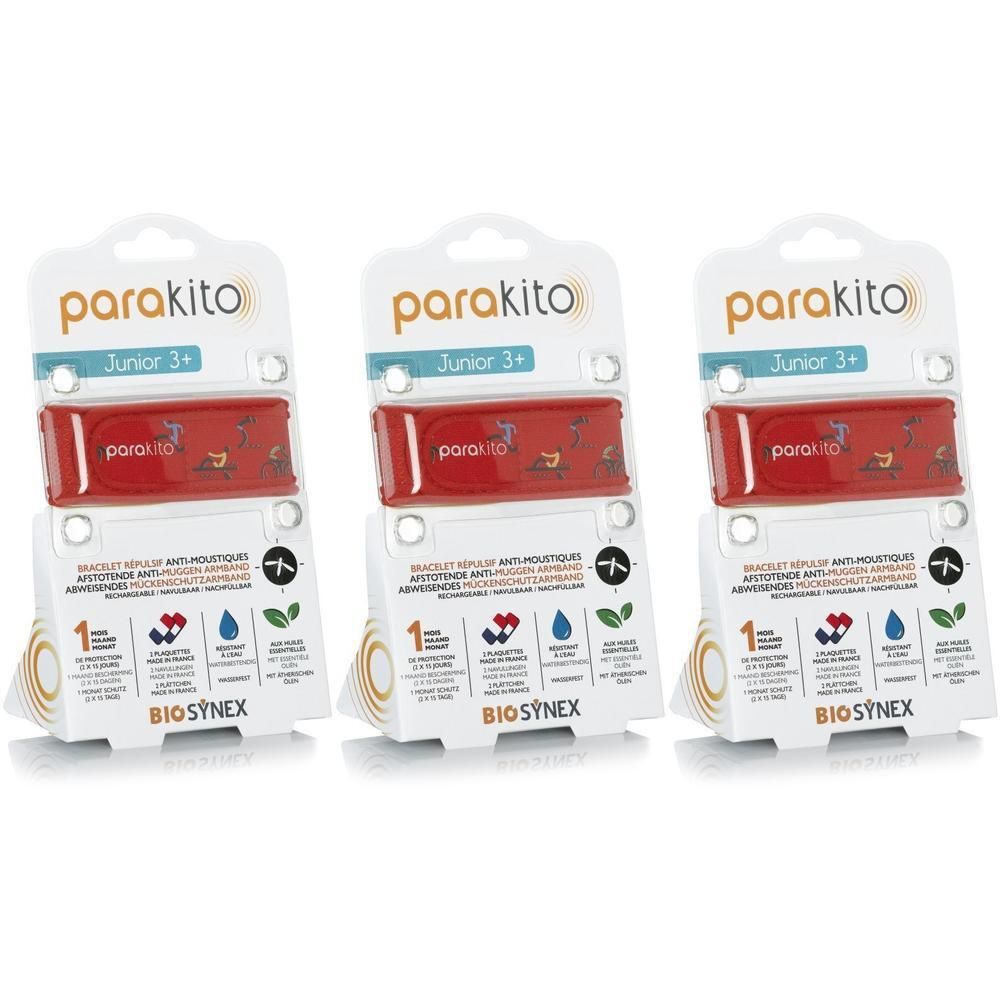 Trois bracelets Parakito Junior 3+ rouges avec motifs d'animaux, emballés.