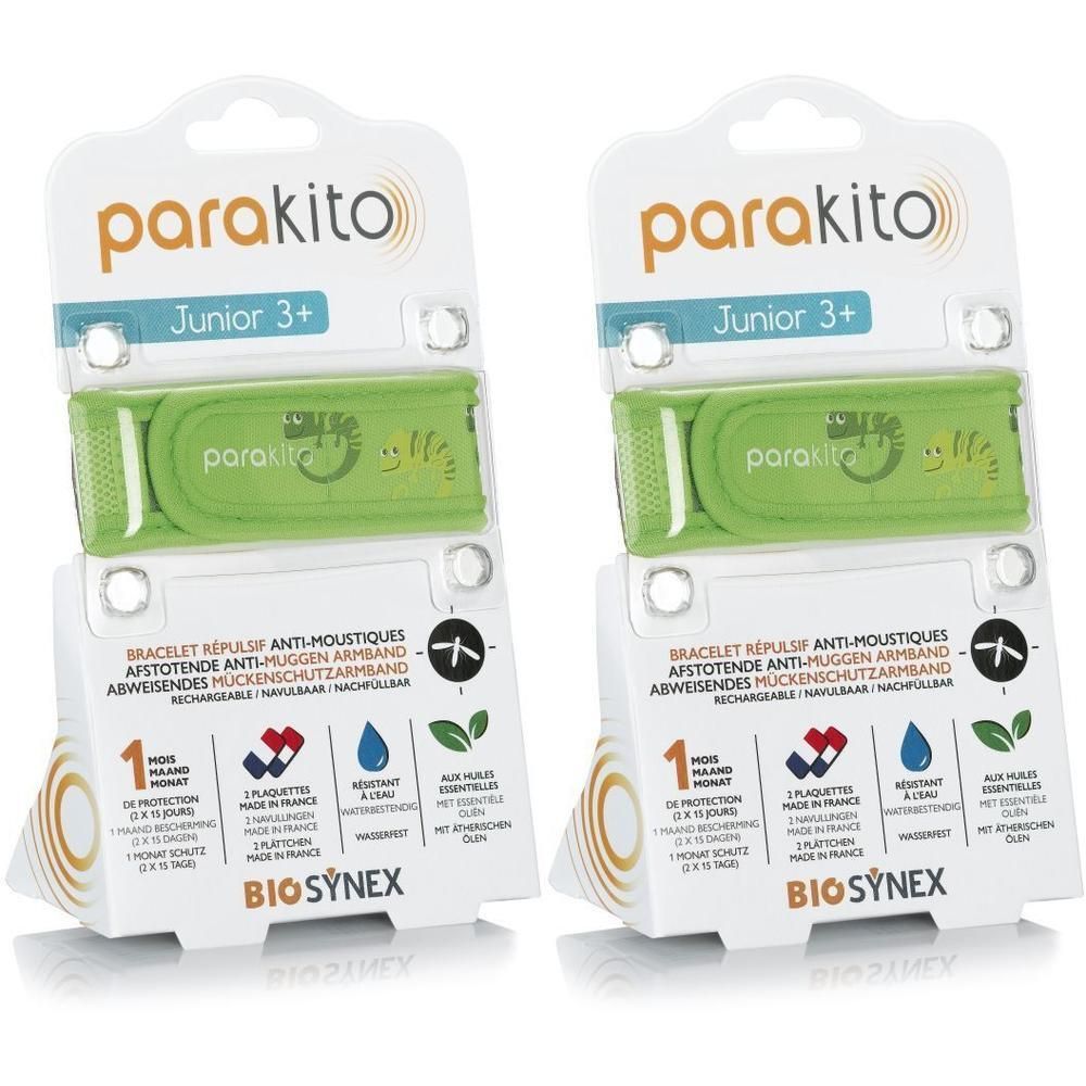 Deux bracelets anti-moustiques Parakito Junior 3+ verts dans leur emballage.