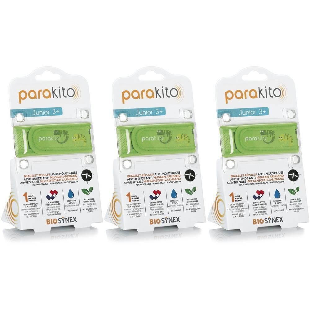 Trois bracelets Parakito Junior emballés individuellement, verts avec motif caméléon.