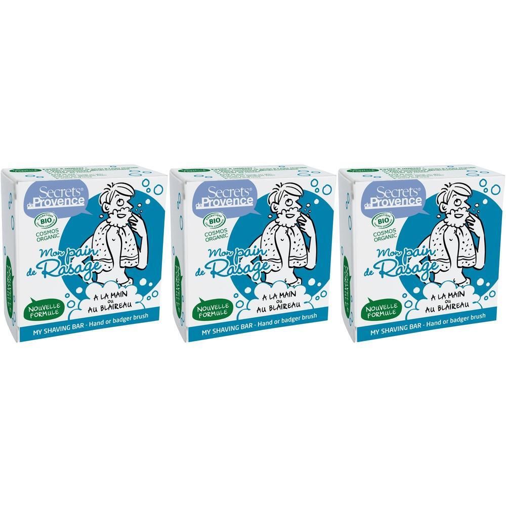 Drie dozen Secrets® de Provence Bio Scheerzeep voor Mannen. Illustratie van een man met baard.