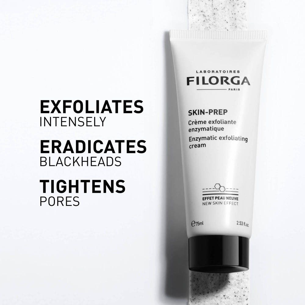 Tube Filorga SKIN-PREP Enzymatische peelingcrème naast tekst die intense exfoliatie belooft.