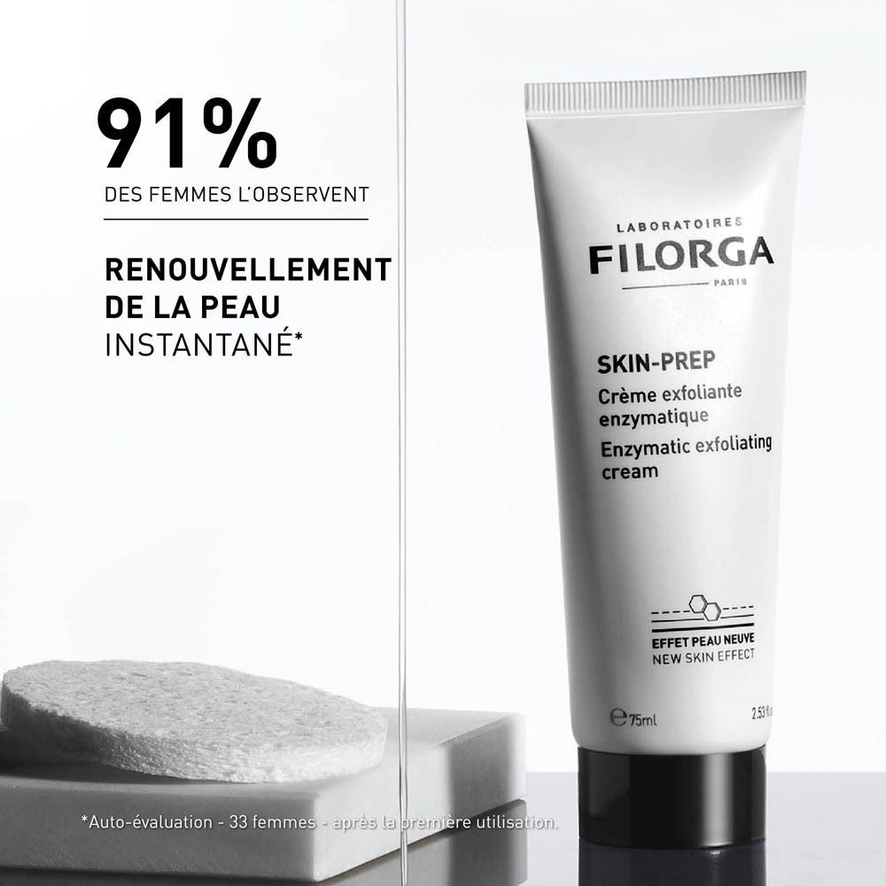 Tube Filorga SKIN-PREP avec texte sur 91% des femmes et renouvellement instantané de la peau.