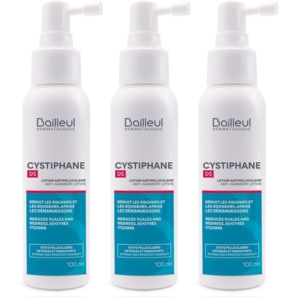 Drie flacons Cystiphane DS lotion tegen roos. Elke fles bevat 100 ml.