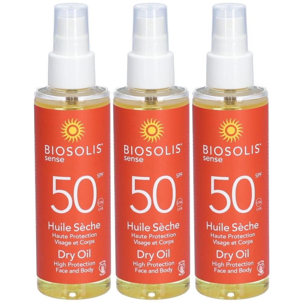Trois flacons de Biosolis Sense Dry Oil SPF 50. Étiquettes rouges avec symbole solaire et informations produit.