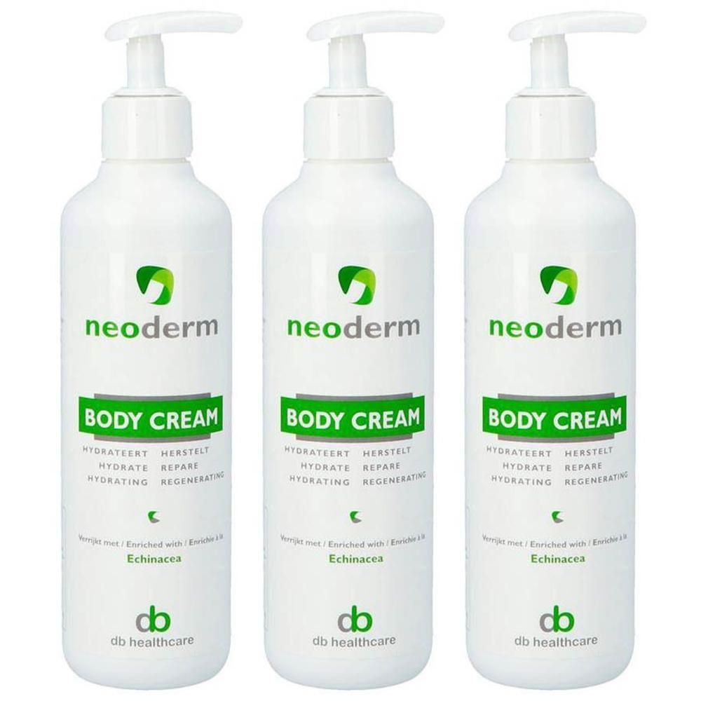 Trois flacons pompe blancs Neoderm Body Cream avec logo et texte verts.
