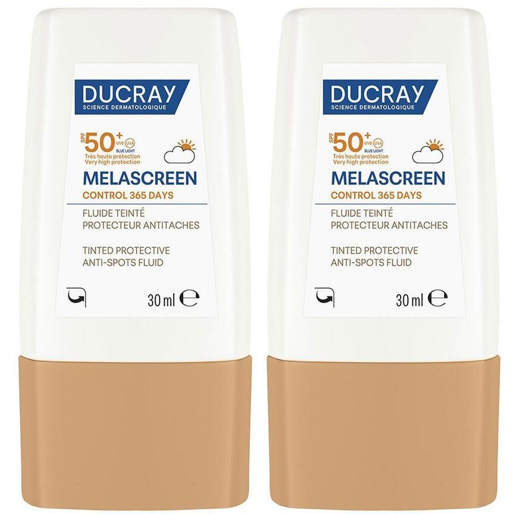 Deux flacons de fluide teinté protecteur anti-taches Ducray Melascreen Control 365 jours SPF50+.
