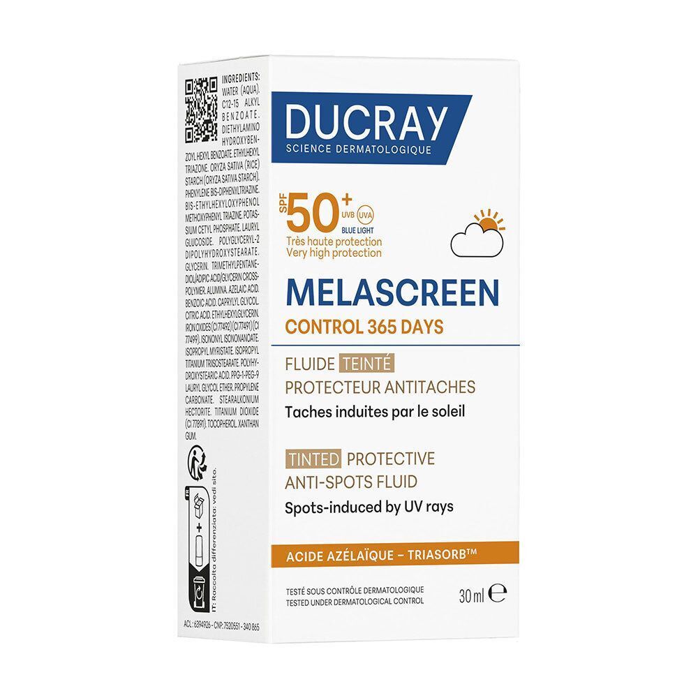 Boîte de fluide teinté protecteur anti-taches Ducray Melascreen Control 365 jours SPF50+ avec ingrédients.