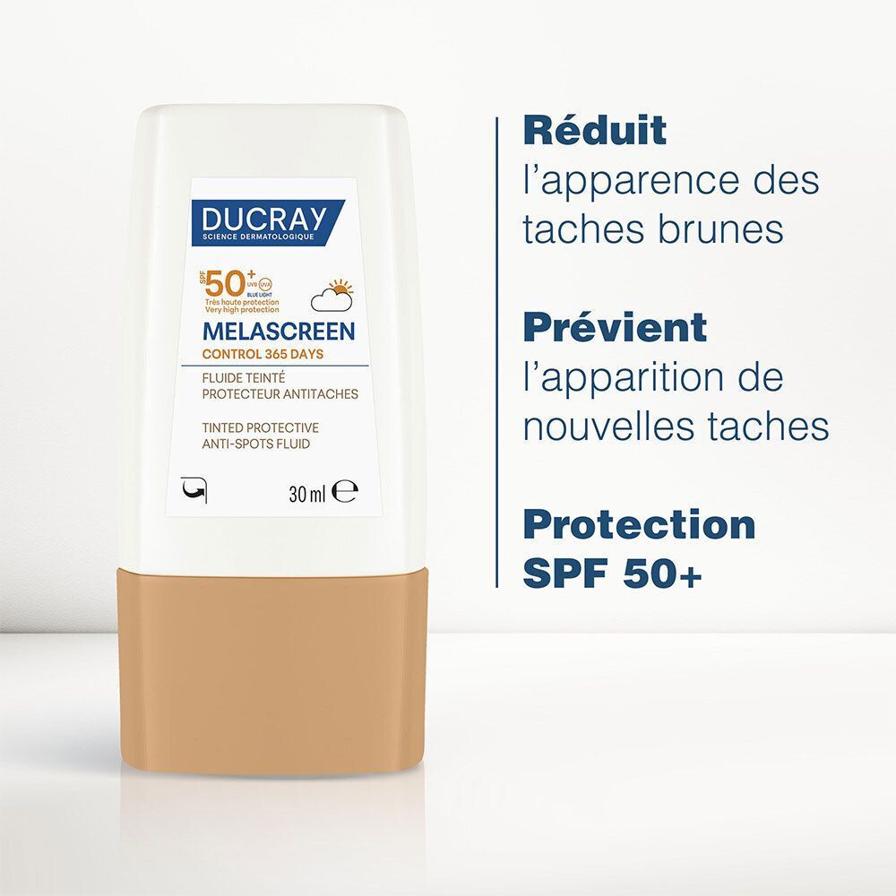Fluide teinté protecteur anti-taches Ducray Melascreen SPF50+ avec description d'usage.