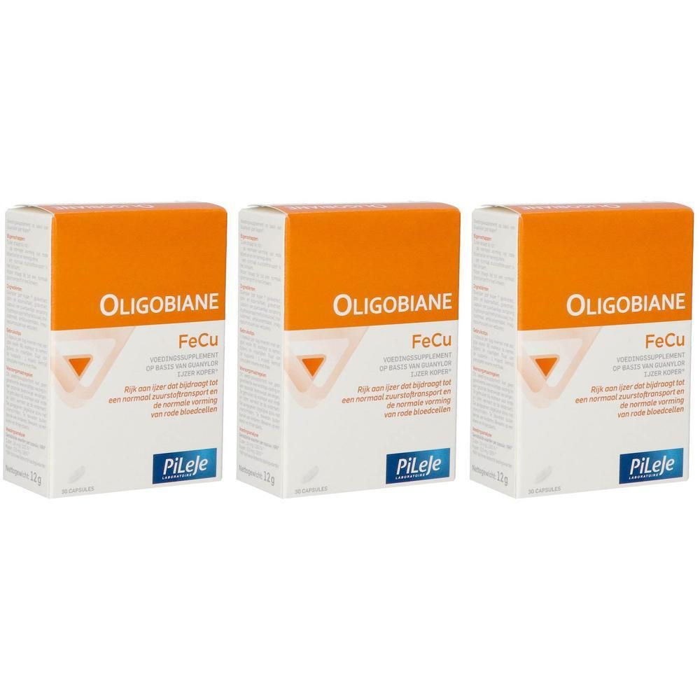 Trois boîtes d'Oligobiane FeCu avec un design orange et blanc. Les boîtes affichent la marque Pileje.