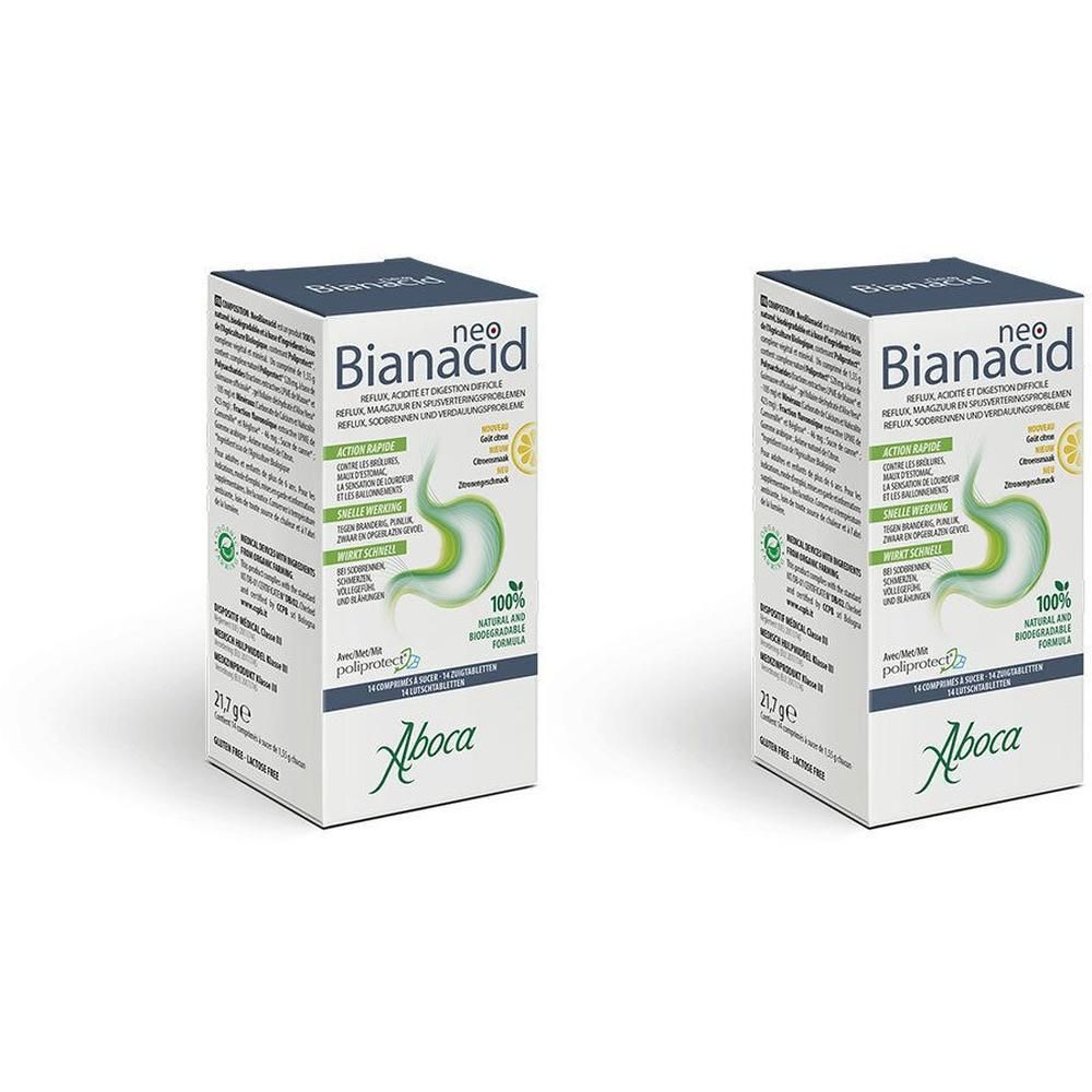 Twee pakken Aboca Neo Bianacid citroensmaak. Kartonnen verpakking met maagafbeelding en productinformatie.