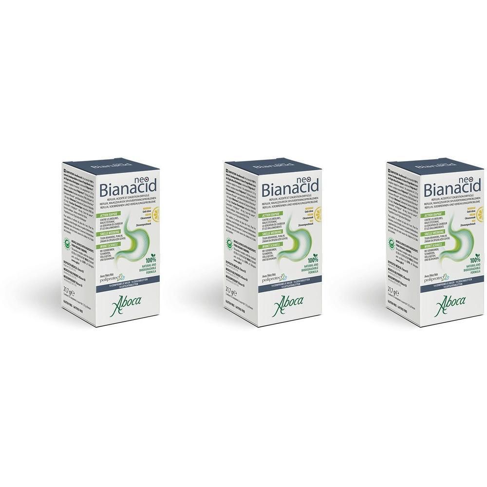 Trois paquets de Neo Bianacid d'Aboca avec une image d'estomac et un motif de citron.