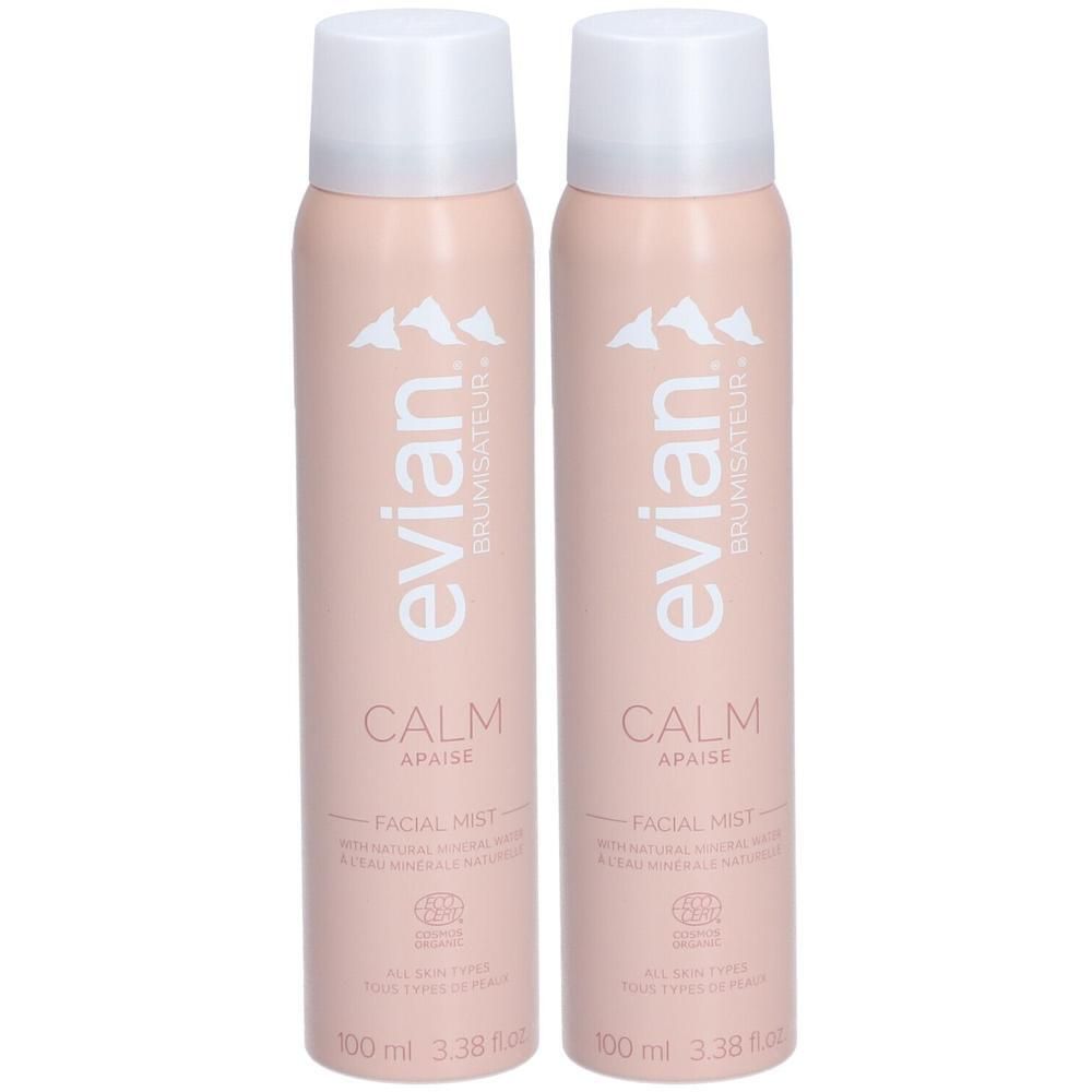 Deux flacons spray roses Evian Brumisateur Calm Facial Mist avec bouchon blanc.