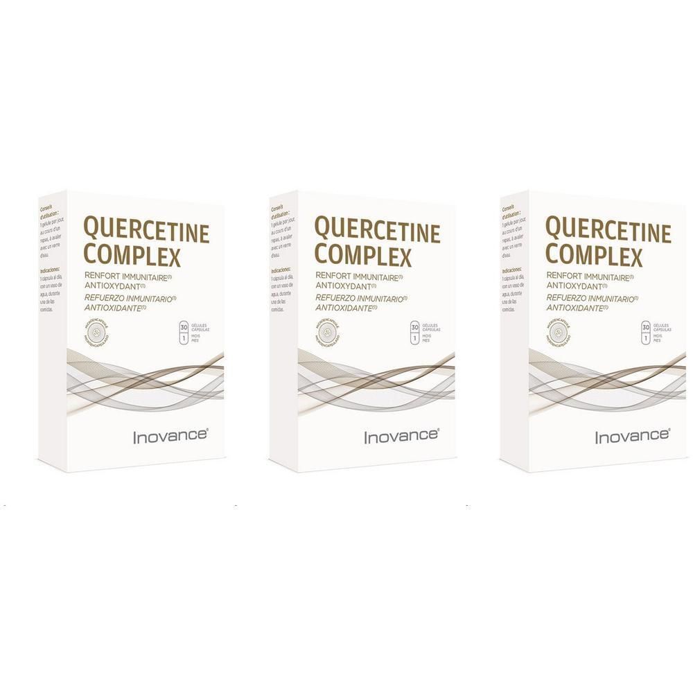 Drie verpakkingen Inovance Quercetine Complex met immuun- en antioxidantondersteuning.