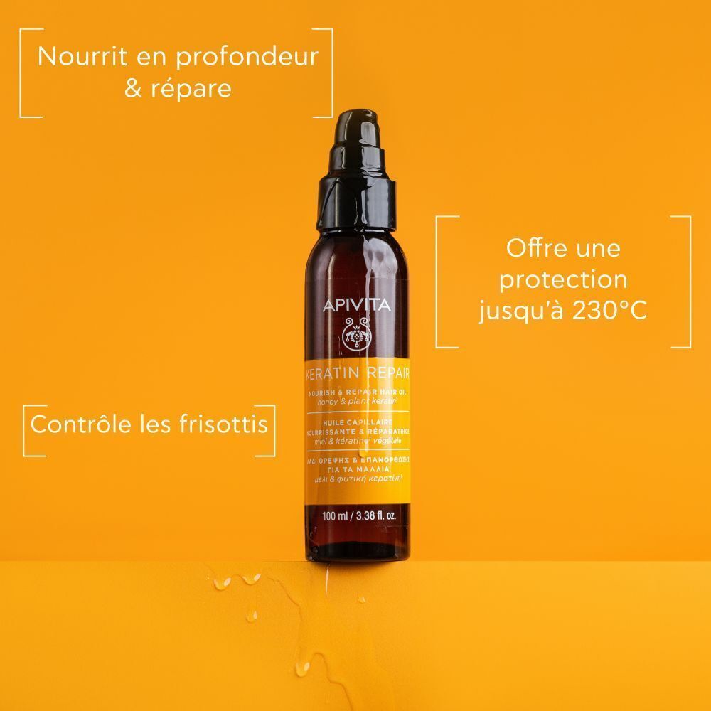 Flacon d'Huile Capillaire Apivita Keratin Repair avec pompe, 100 ml. Protection jusqu'à 230°C.