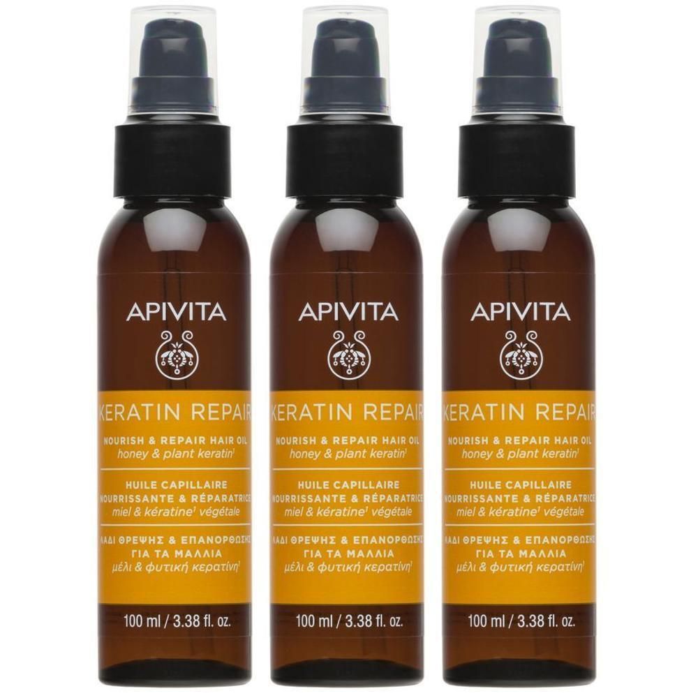 Trois flacons d'Huile Capillaire Apivita Keratin Repair, 100 ml.