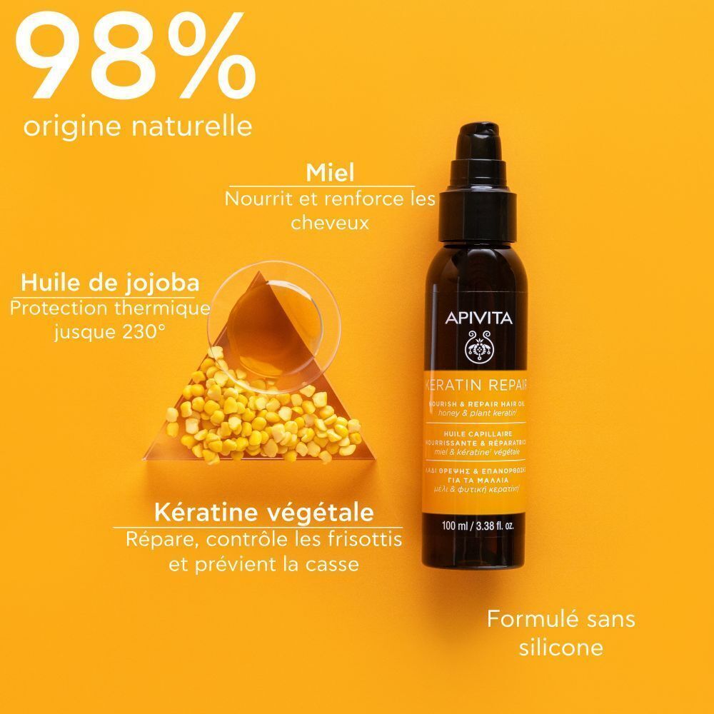 Huile Capillaire Apivita Keratin Repair : 98% origine naturelle, miel, huile de jojoba, kératine végétale. Sans silicone.