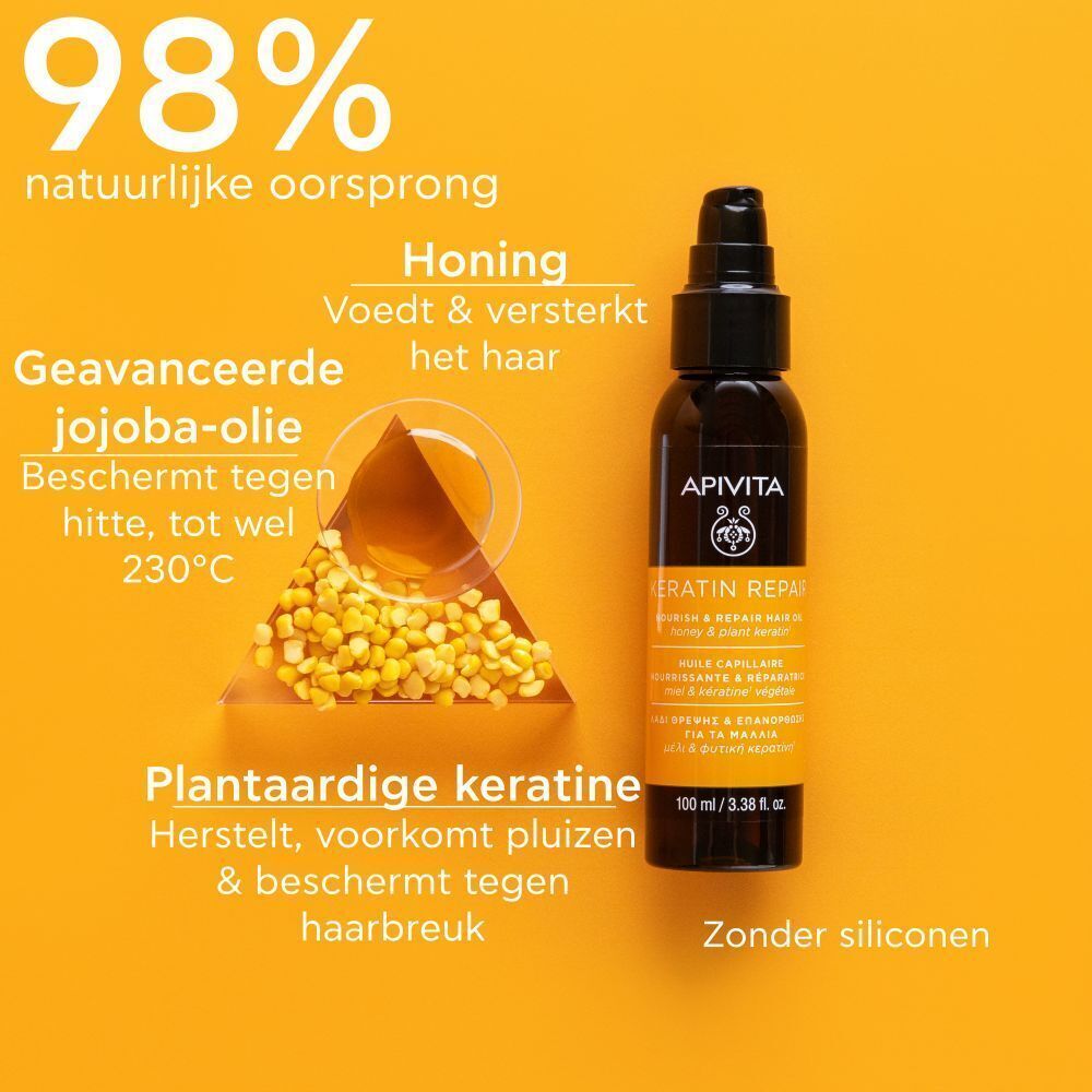 Apivita Keratin Repair Haarolie: 98% natuurlijke oorsprong, honing, jojoba-olie, plantaardige keratine. Zonder siliconen.