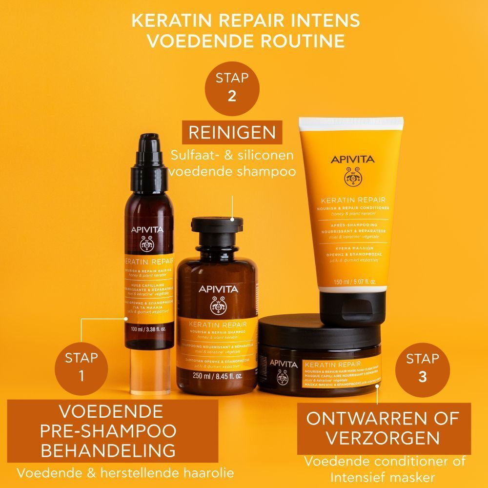 Apivita Keratin Repair Routine: Haarolie, Shampoo, Masker. Voeden, Reinigen, Behandelen.