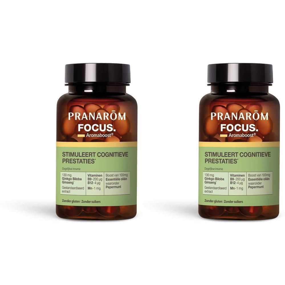 Twee flacons Pranarom Aromaboost FOCUS ter stimulering van cognitieve prestaties.