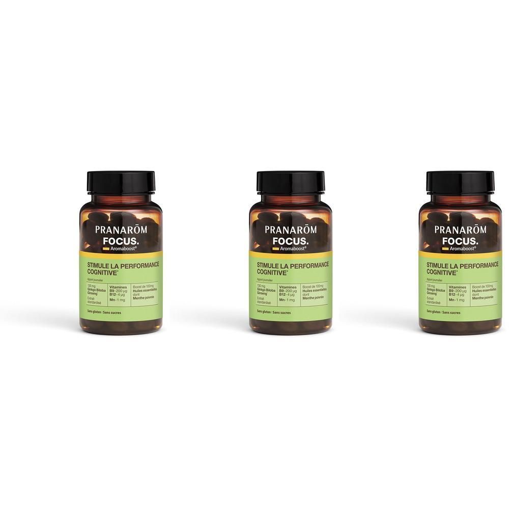 Trois flacons de Pranarom Aromaboost FOCUS sur fond blanc.