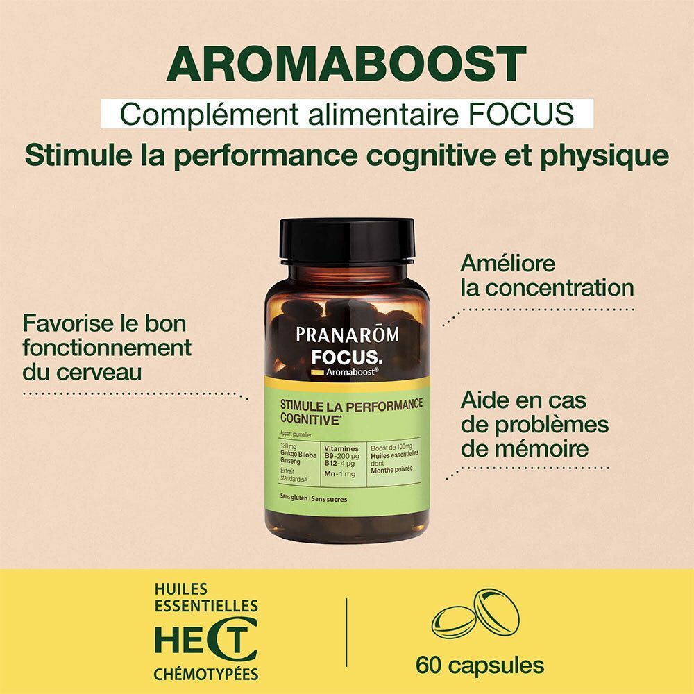 Flacon Pranarom Aromaboost FOCUS avec informations sur la stimulation cognitive et la fonction cérébrale.