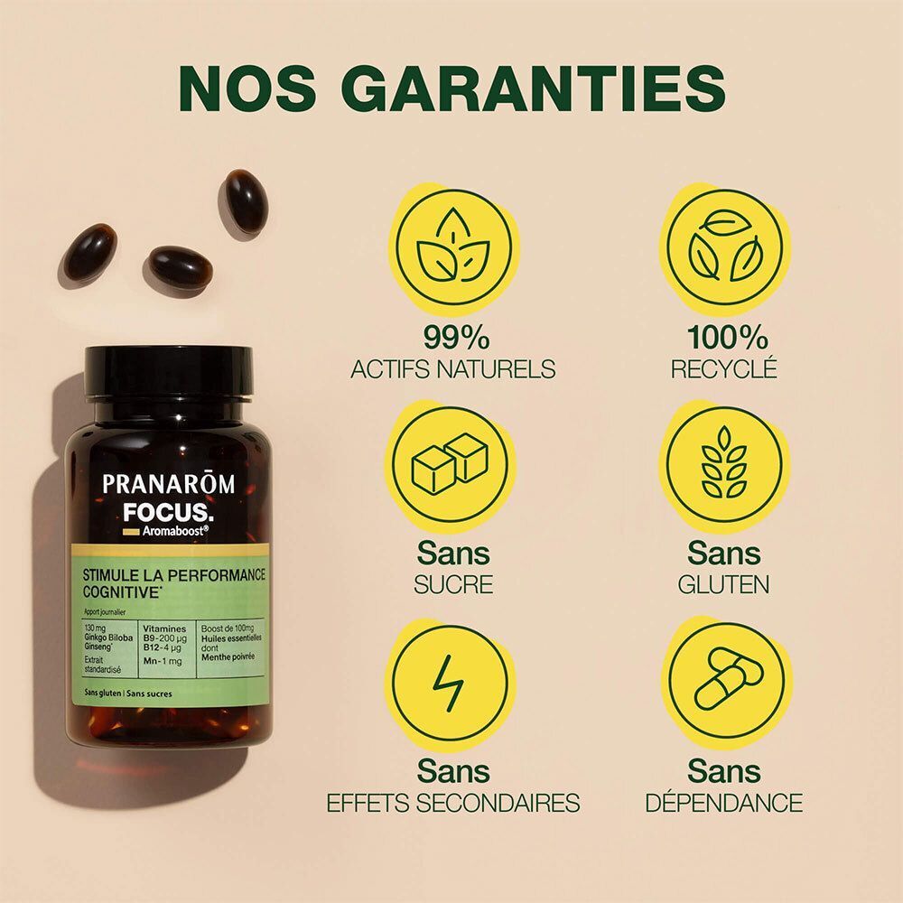Flacon Pranarom Aromaboost FOCUS avec sceaux pour ingrédients naturels, recyclage, sans sucre, gluten et effets secondaires.