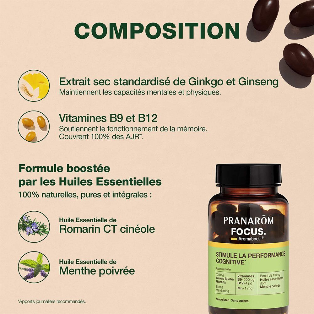 Composition de Pranarom Aromaboost FOCUS : Ginkgo, Ginseng, B9, B12 et huiles essentielles.