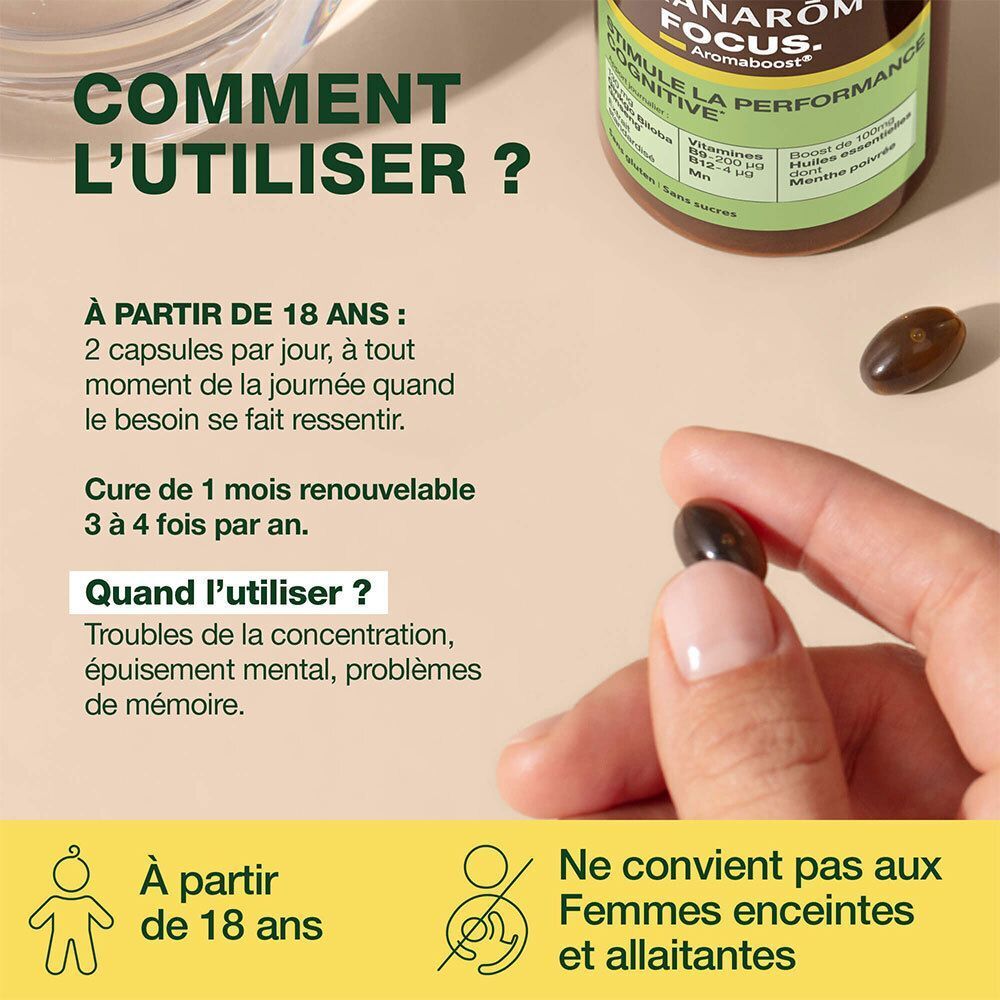 Utilisation de Pranarom Aromaboost FOCUS : 2 gélules par jour, non destiné aux femmes enceintes ou allaitantes.