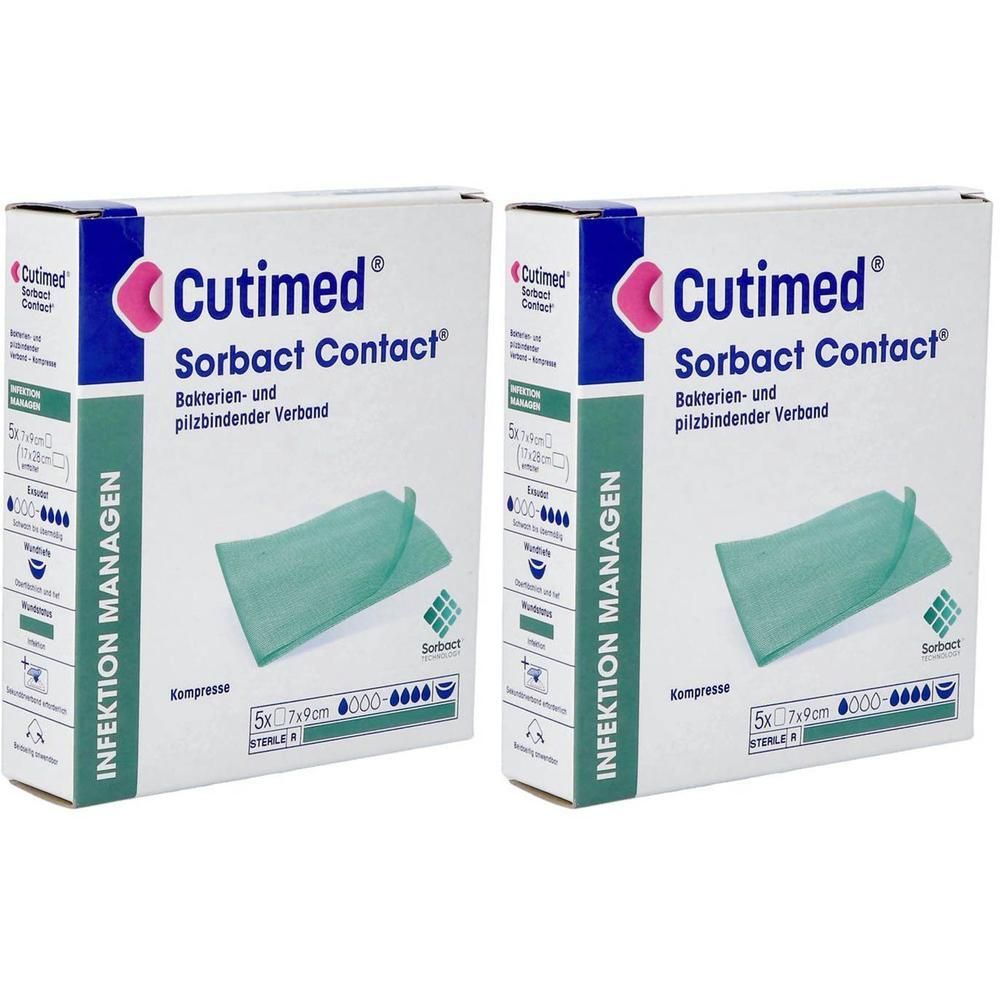 Twee dozen Cutimed Sorbact Contact. Opschrift: bacterie- en schimmelbindend verband. Groenachtige kompressen zichtbaar. Verpakking met maatindicatie.