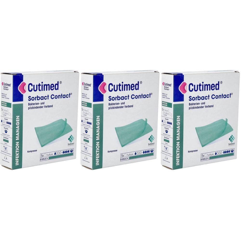 Trois boîtes de Cutimed Sorbact Contact. Le nom du produit et l'inscription "Infektion MANAGEN" sont visibles sur chaque boîte.