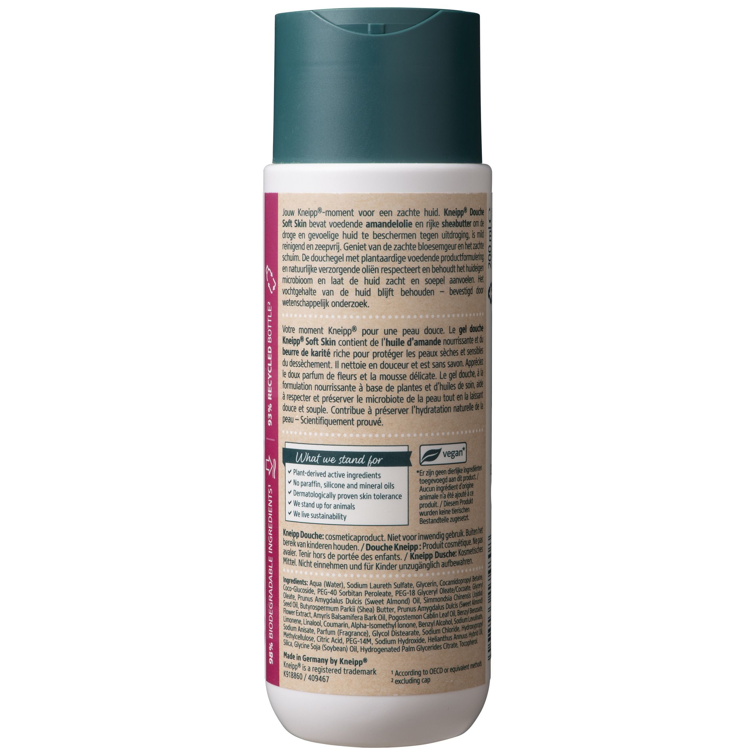 Arrière d'un flacon de gel douche Kneipp Soft Skin avec informations produit et logos.