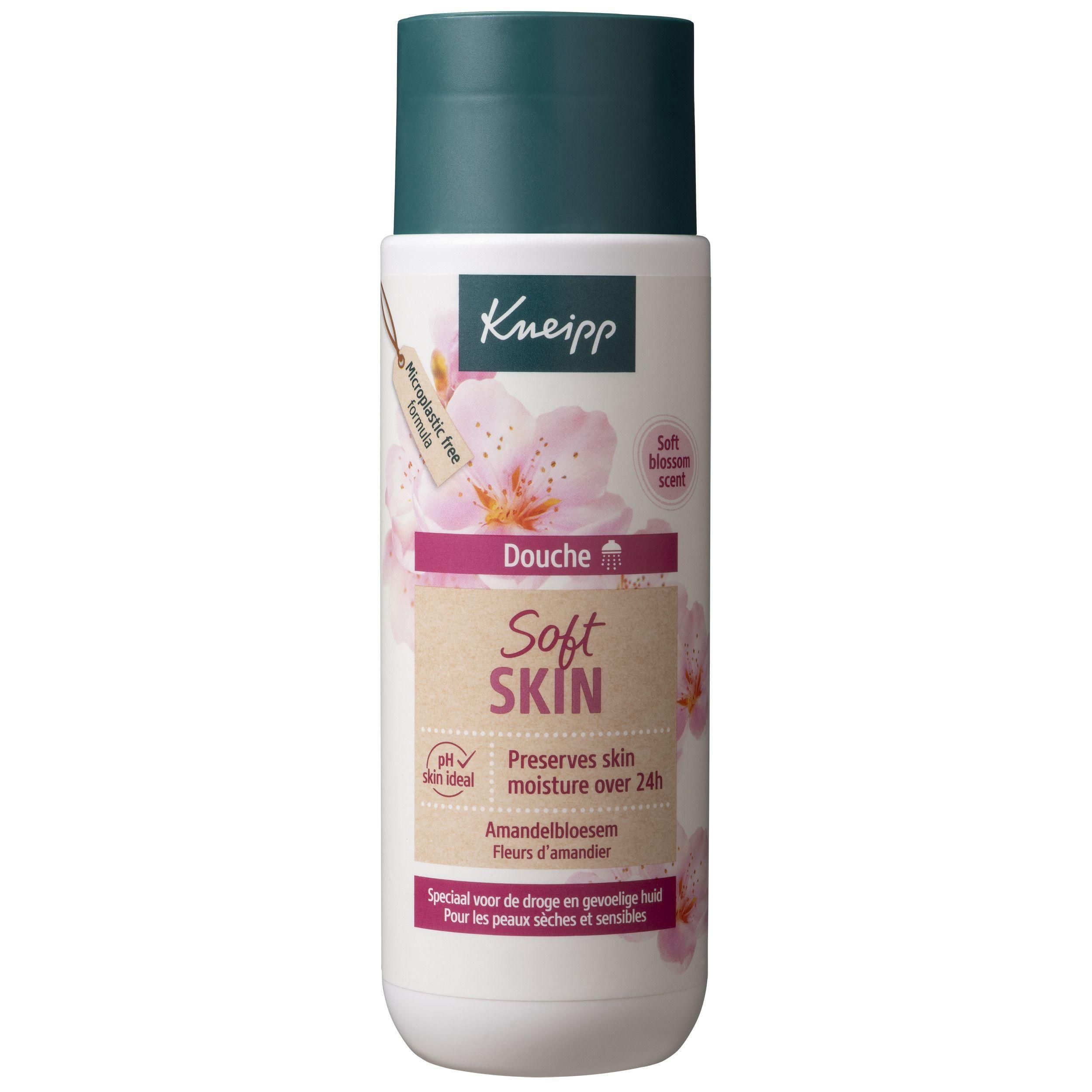 Douchegel Kneipp Soft Skin met amandelbloesemgeur, witte fles met groene dop.