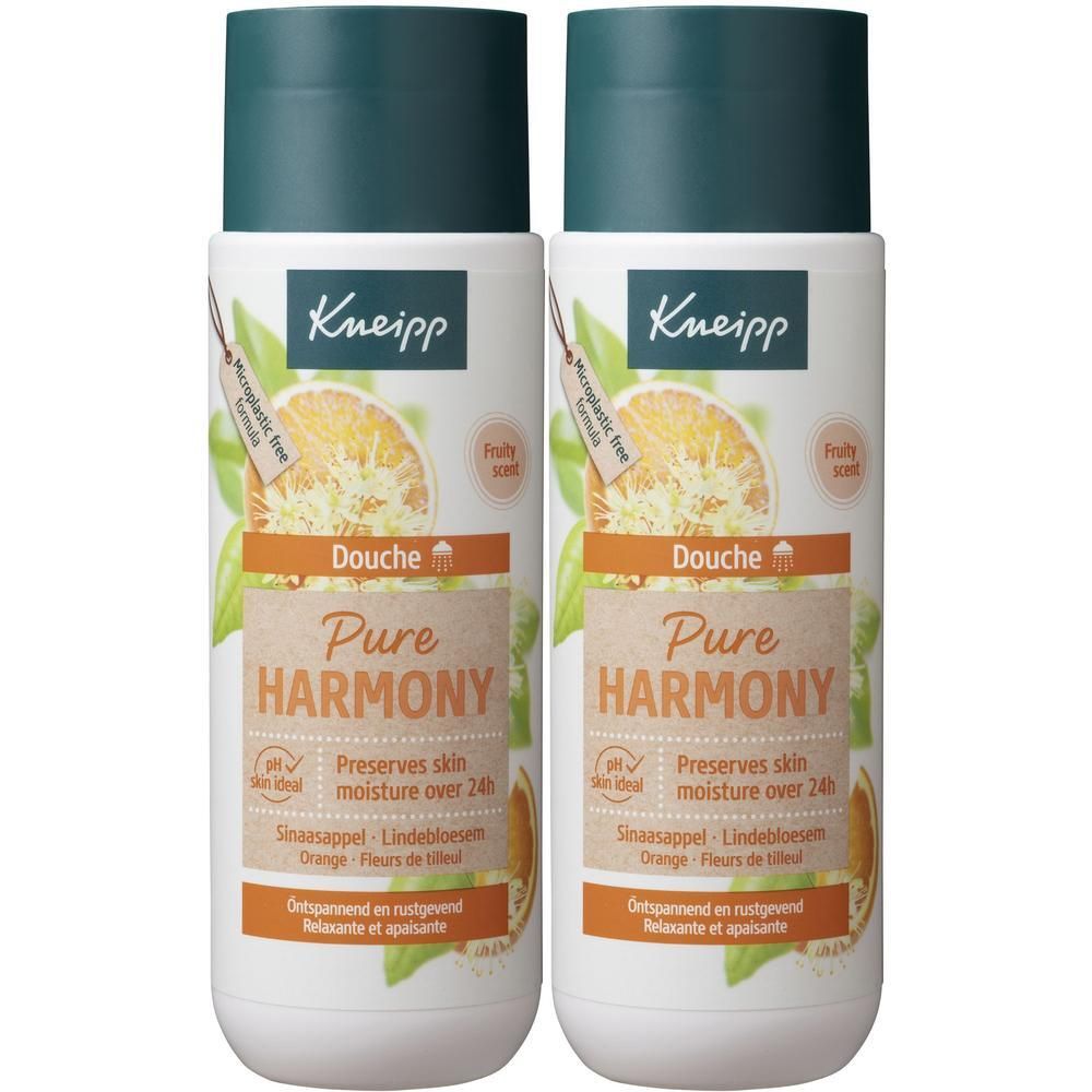 Deux flacons de gel douche Kneipp Pure Harmony à l'orange et à la fleur de tilleul.