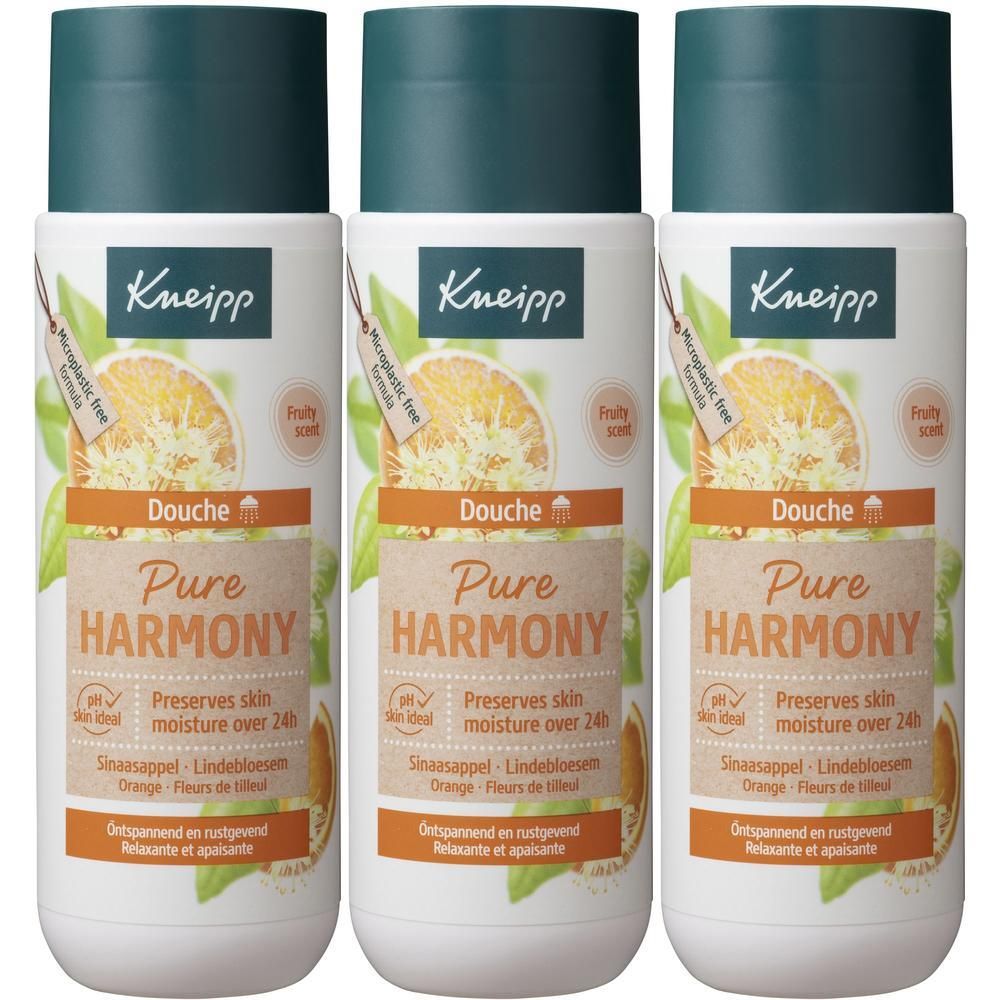 Drie flessen Kneipp Douche Pure Harmony met sinaasappel- en oranjebloesemgeur. Witte flessen met groene doppen.