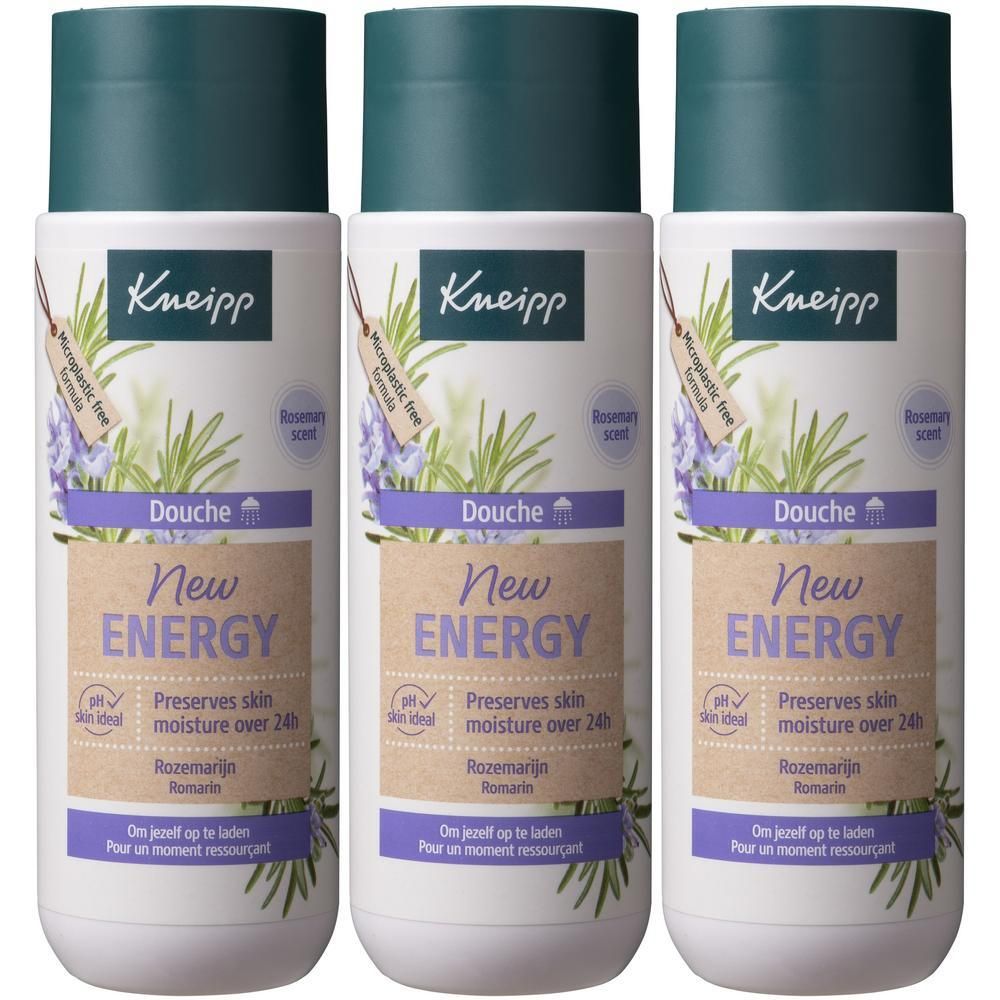 Drie flessen Kneipp Douchegel New Energy met lavendel- en rozemarijndecoratie. Groene doppen.