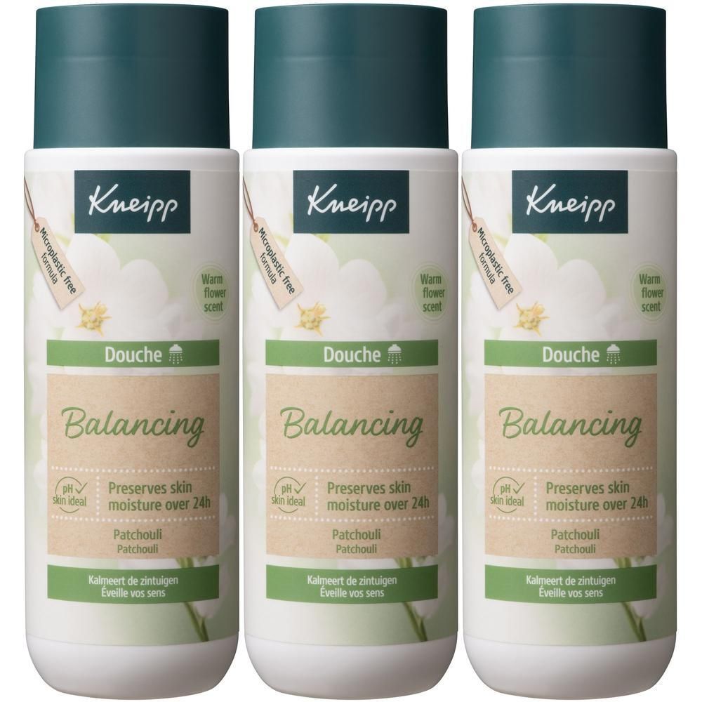 Trois flacons de gel douche Kneipp Balancing, parfum patchouli. Préserve l'hydratation de la peau 24h.