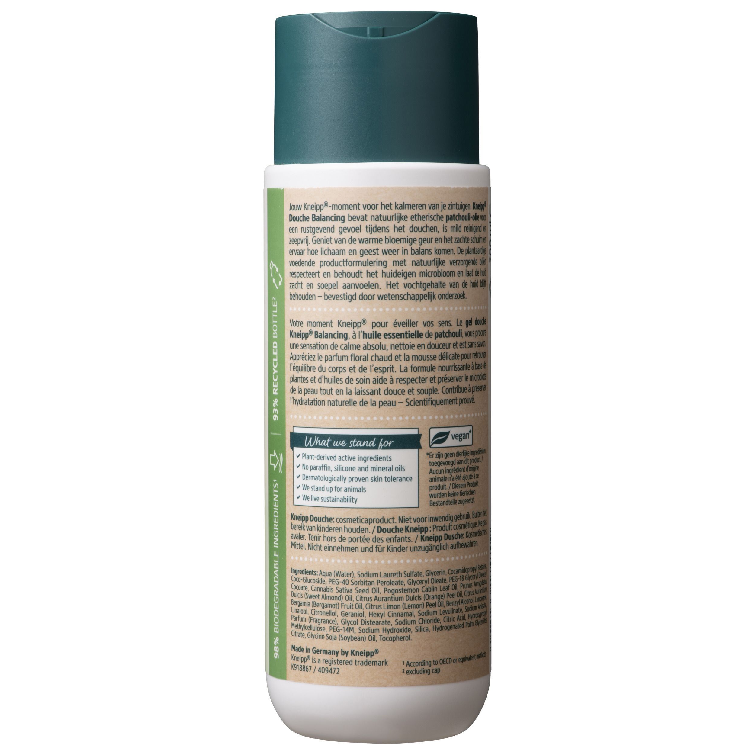 Achterkant van een fles Kneipp Douche Balancing. Bevat ingrediënten en gebruiksaanwijzing.