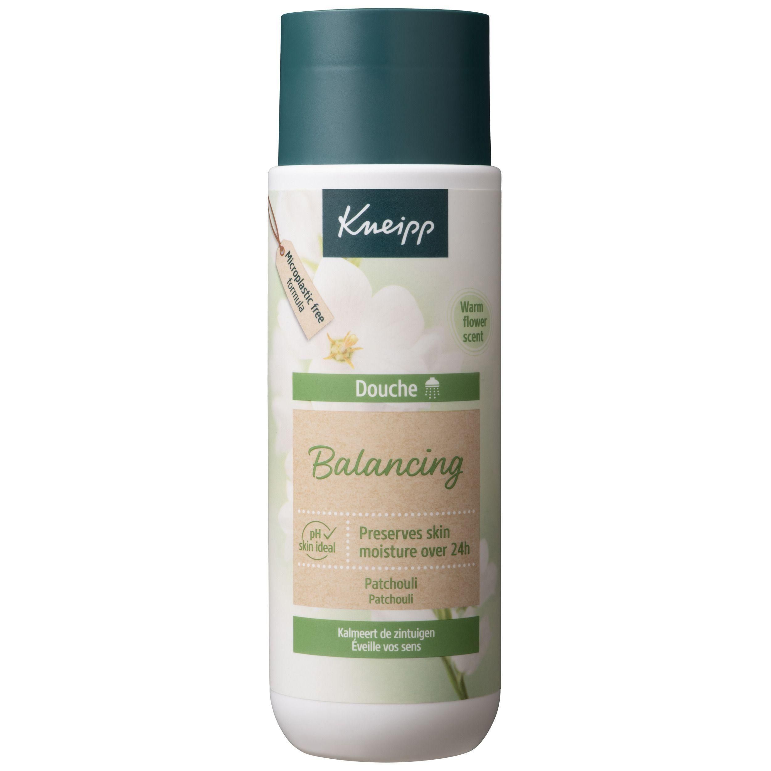 Gel douche Kneipp Balancing à l'huile essentielle de patchouli. Parfum floral chaud. Hydrate la peau.