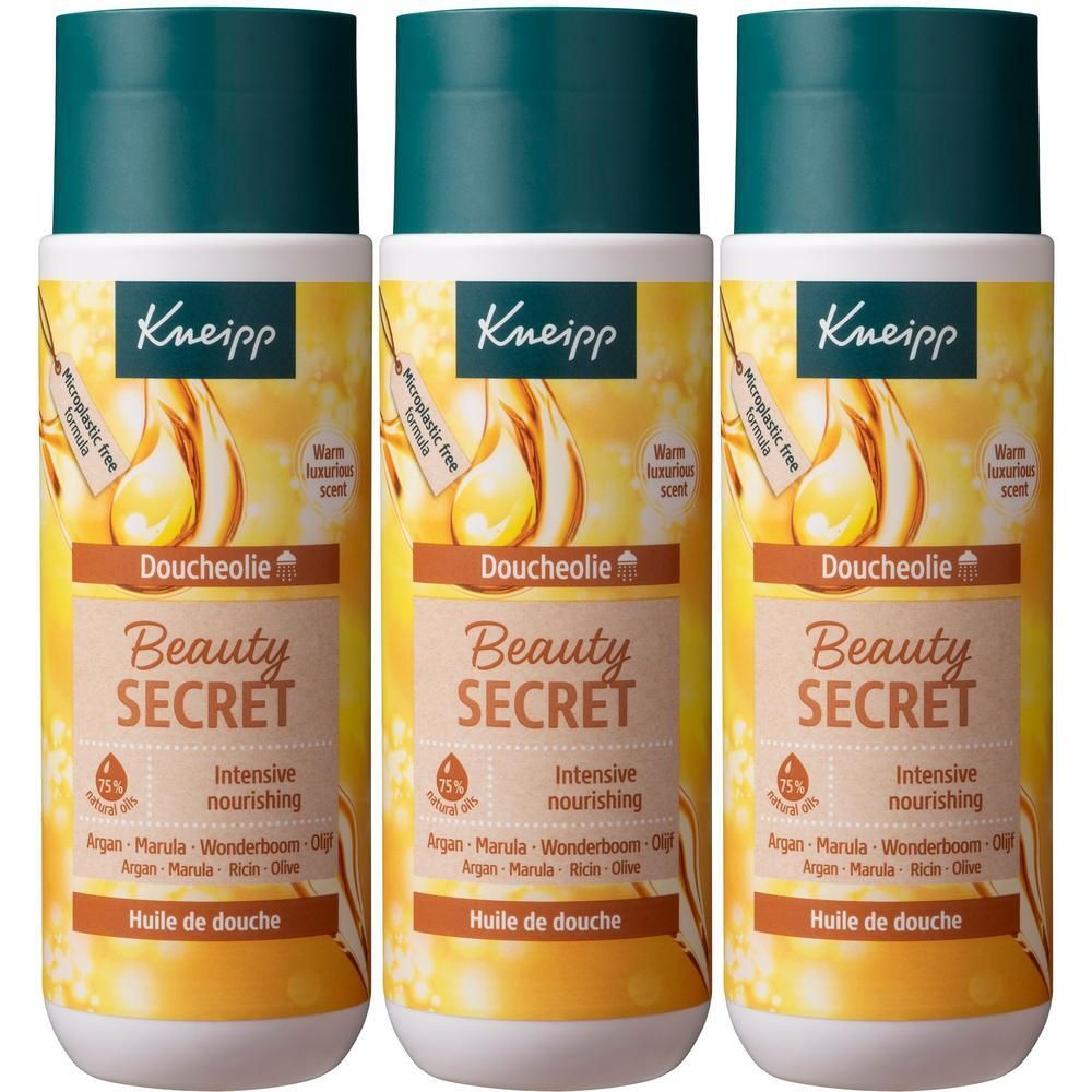 Drie flessen Kneipp Doucheolie Beauty Secret, intens voedend en met warme geur.