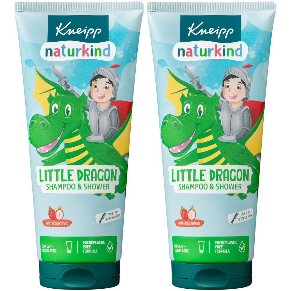 Twee tubes Kneipp Naturkind Little Dragon Shampoo & Shower met drakenmotief.