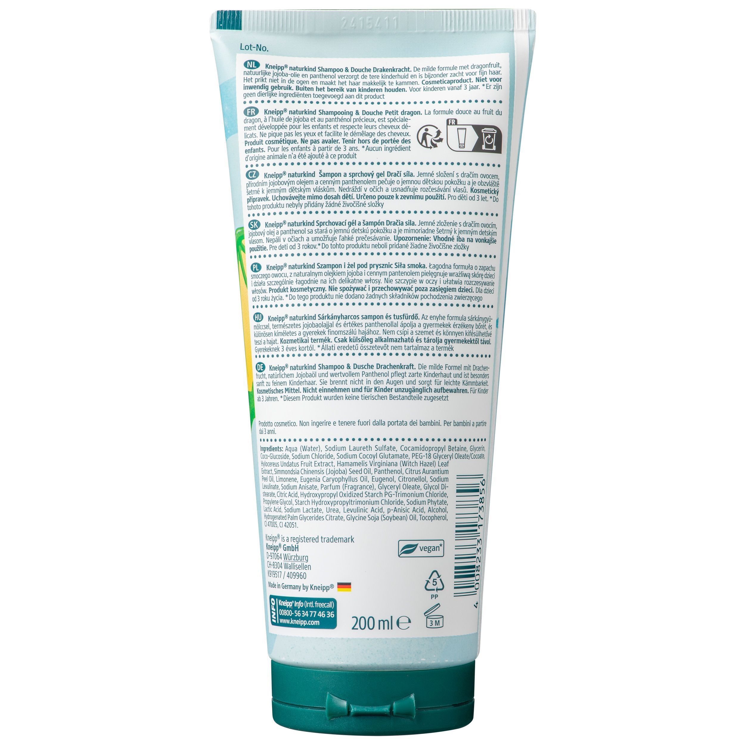 Arrière d'un tube de shampooing et douche Kneipp Naturkind Little Dragon avec informations produit et ingrédients.