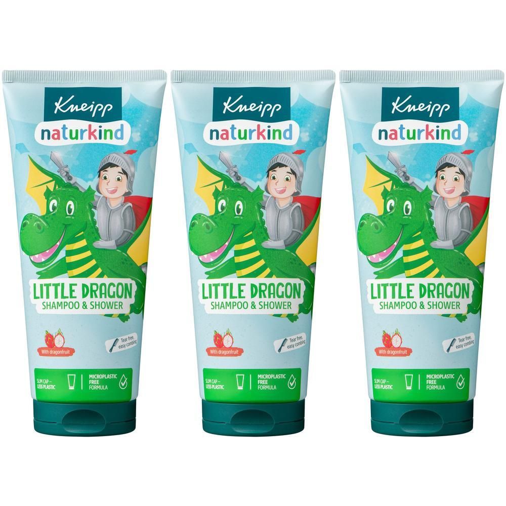Drie tubes Kneipp Naturkind Little Dragon Shampoo & Shower met drakenafbeelding.