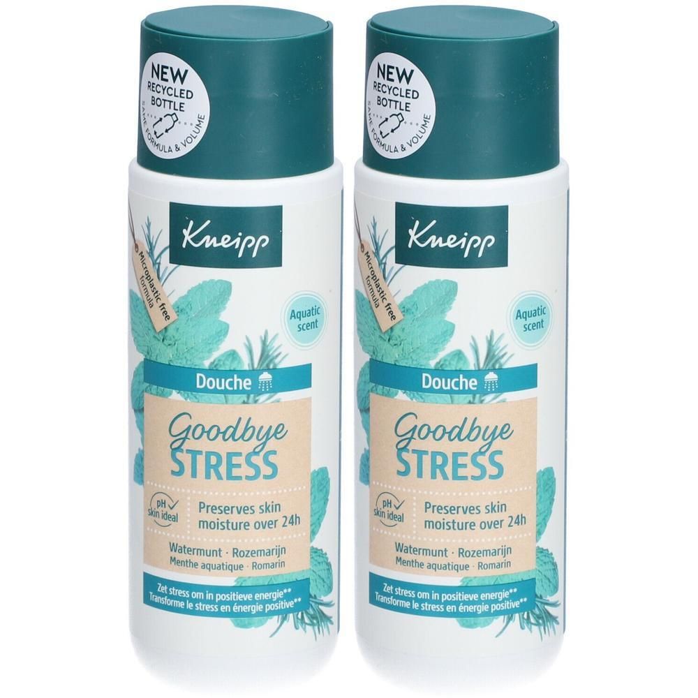Twee flessen Kneipp Douche Goodbye Stress met aquatische geur en kruidenmotief.