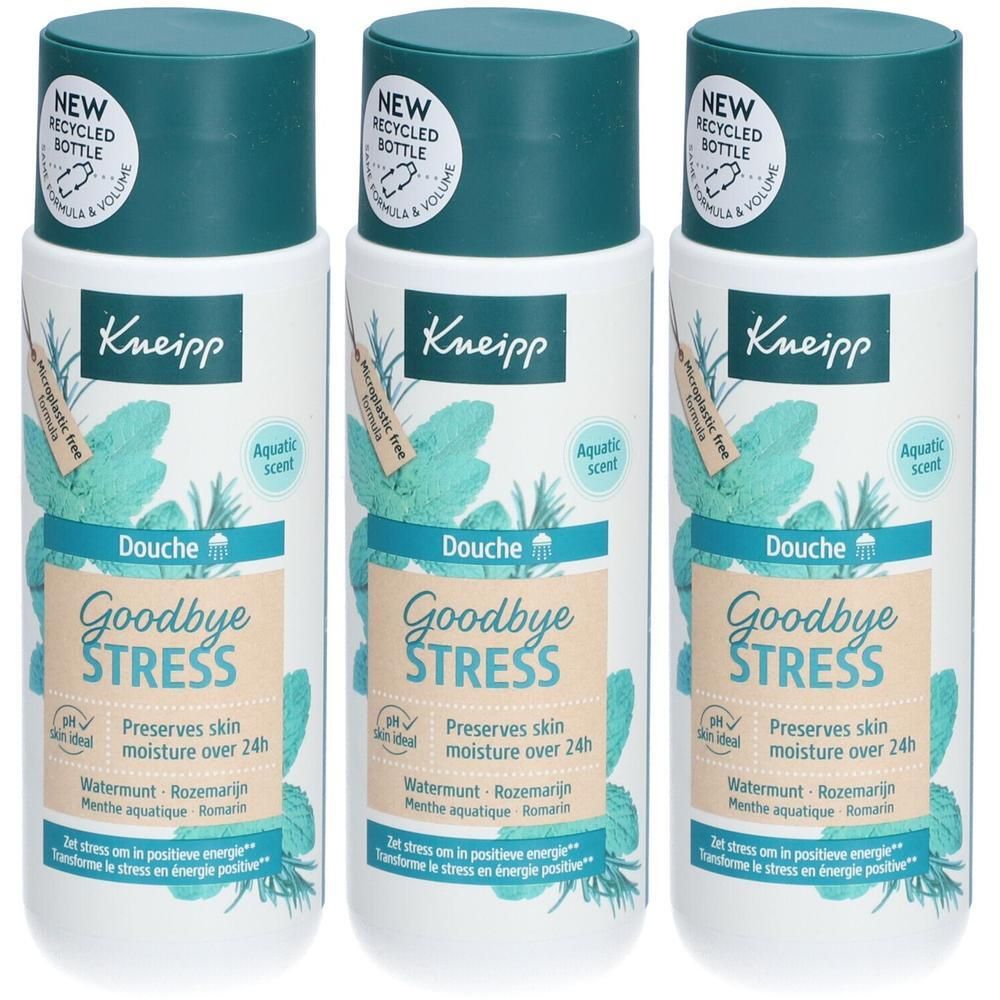 Drie flessen Kneipp Goodbye Stress douchegel met aquatische geur. Nieuwe gerecyclede fles.