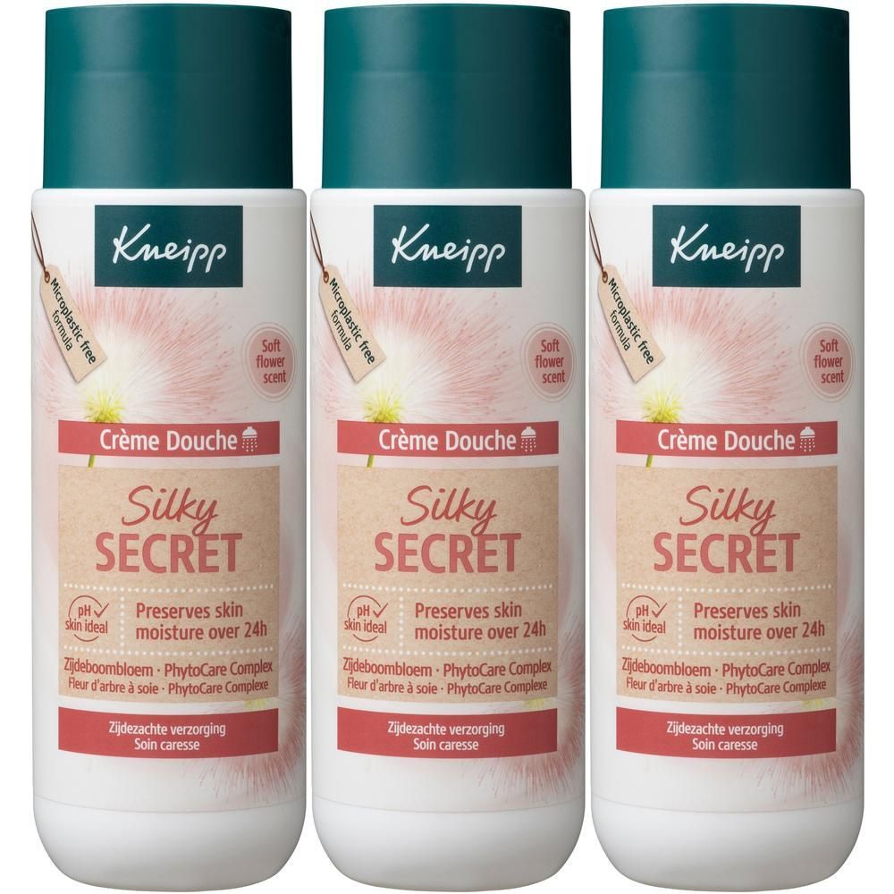 Trois flacons de Crème Douche Silky Secret de Kneipp, étiquetés 'Soft Flower Scent' et 'pH hautideal'.
