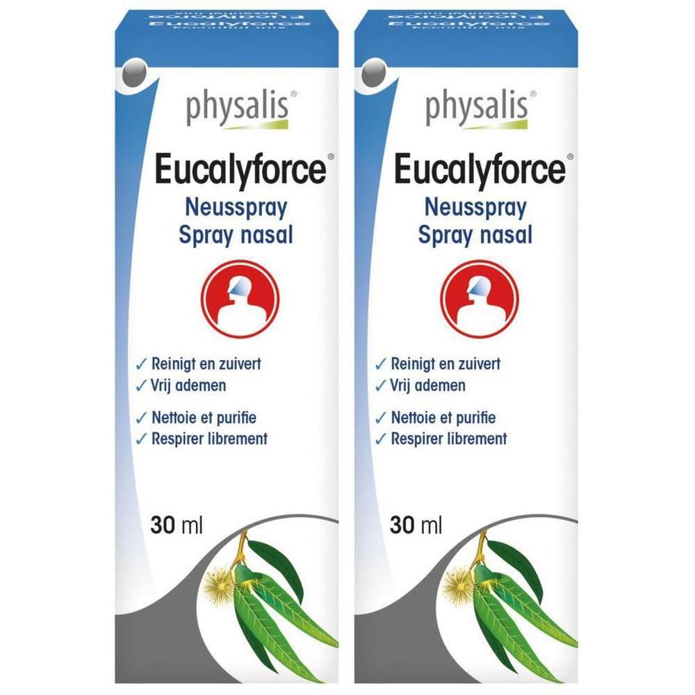 Deux boîtes de spray nasal Physalis Eucalyforce, 30 ml chacune. Illustration de feuilles d'eucalyptus.