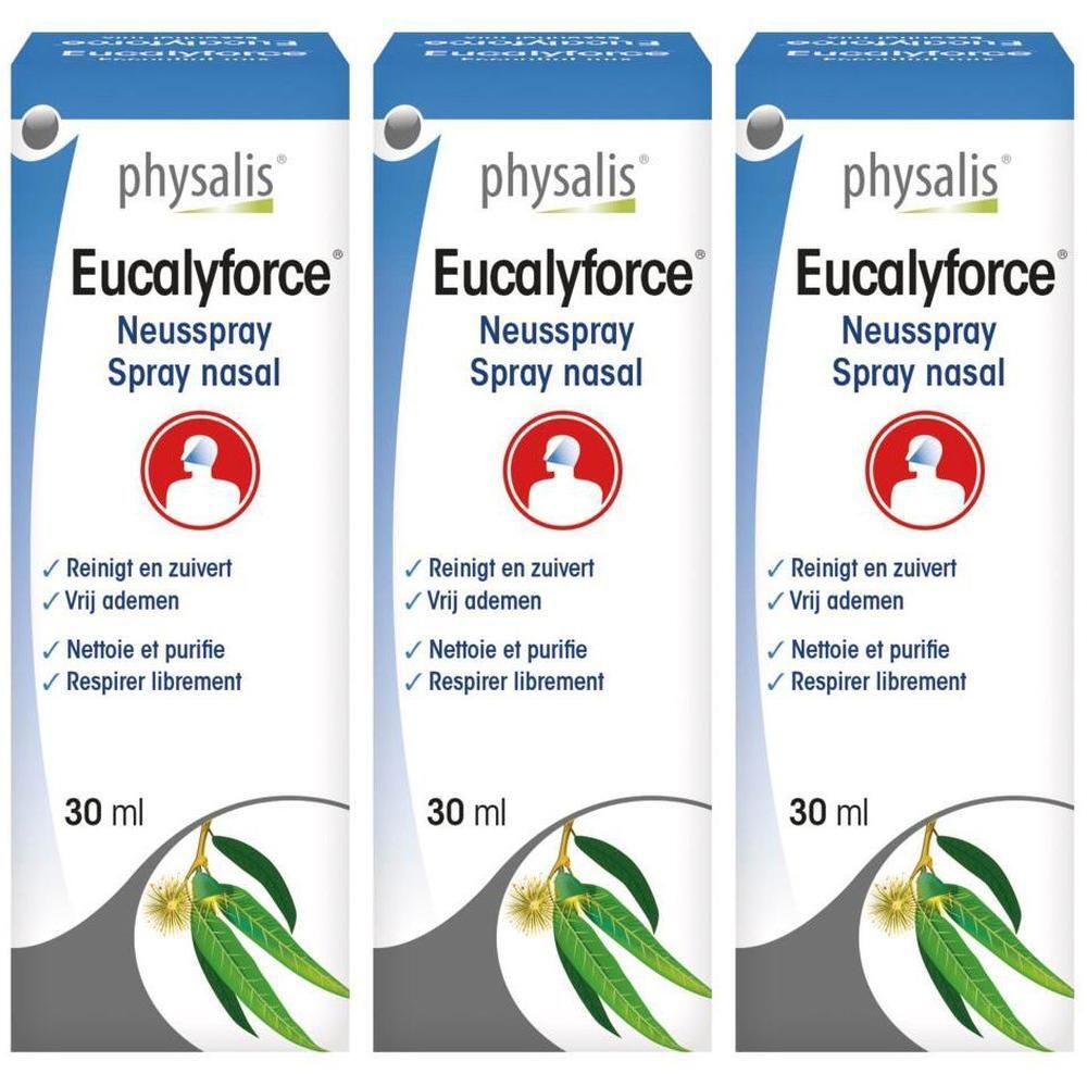 Trois flacons de spray nasal Eucalyforce Physalis, 30 ml chacun, avec des feuilles d'eucalyptus.